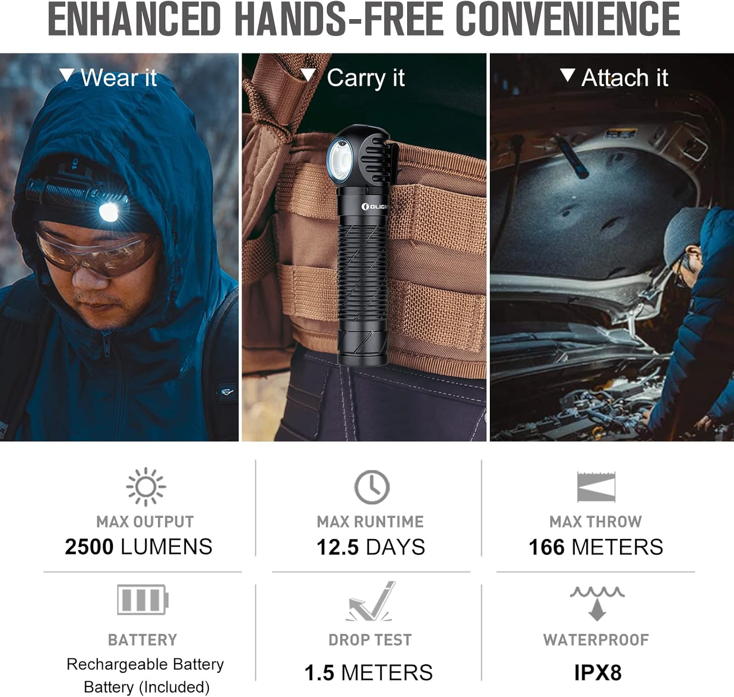 OLIGHT Perun 2 2500 Lumens Rechargeable Headlamp Multi-Functional Right Angle MCC Waterproof Flashlight with Headband Ideal for Night Camping Hiking Hunting Black