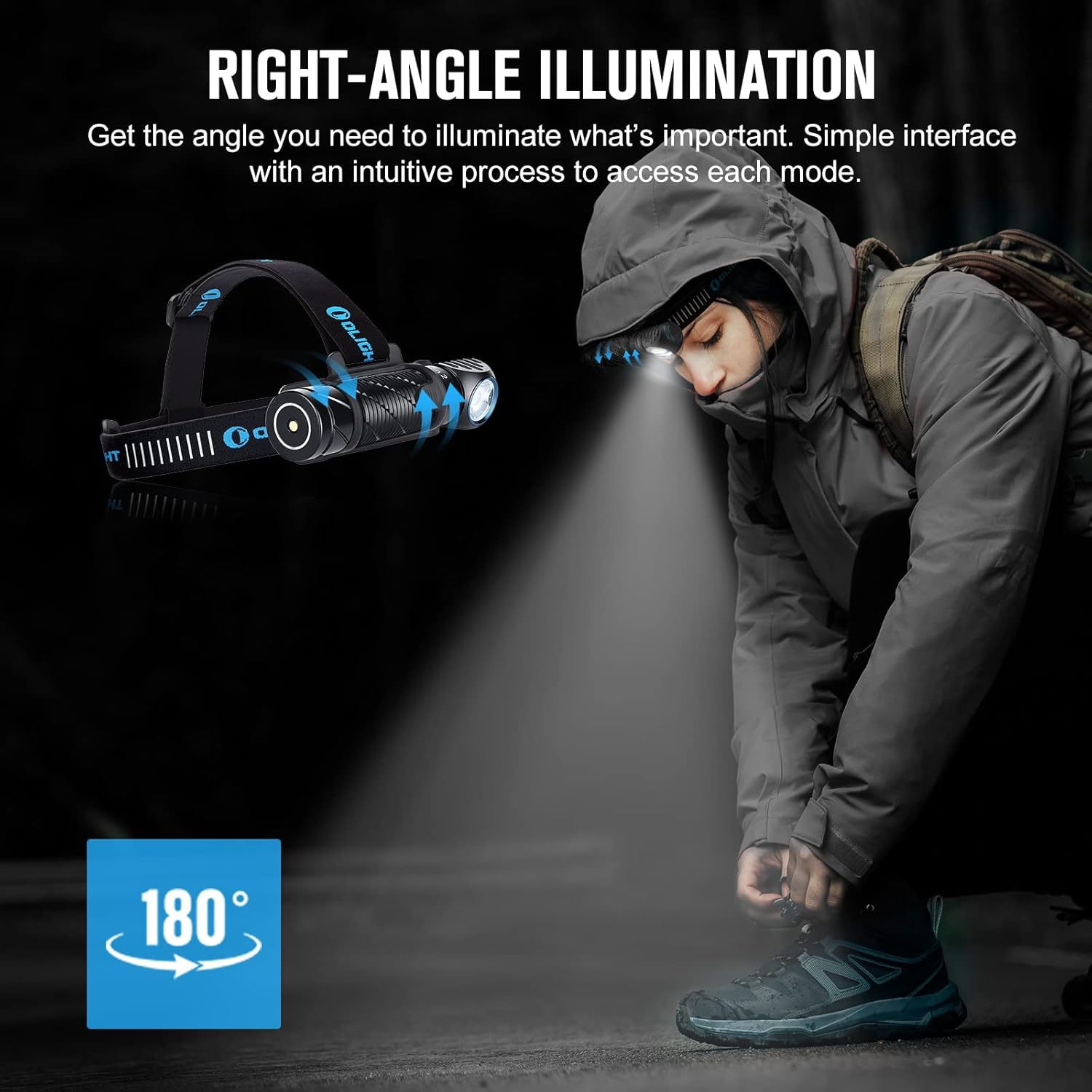 OLIGHT Perun 2 2500 Lumens Rechargeable Headlamp Multi-Functional Right Angle MCC Waterproof Flashlight with Headband Ideal for Night Camping Hiking Hunting Black