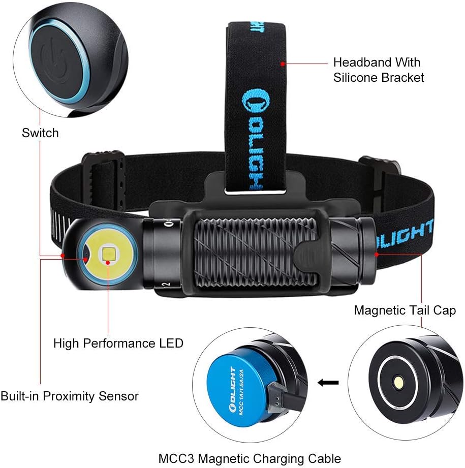 OLIGHT Perun 2 2500 Lumens Rechargeable Headlamp Multi-Functional Right Angle MCC Waterproof Flashlight with Headband Ideal for Night Camping Hiking Hunting Black