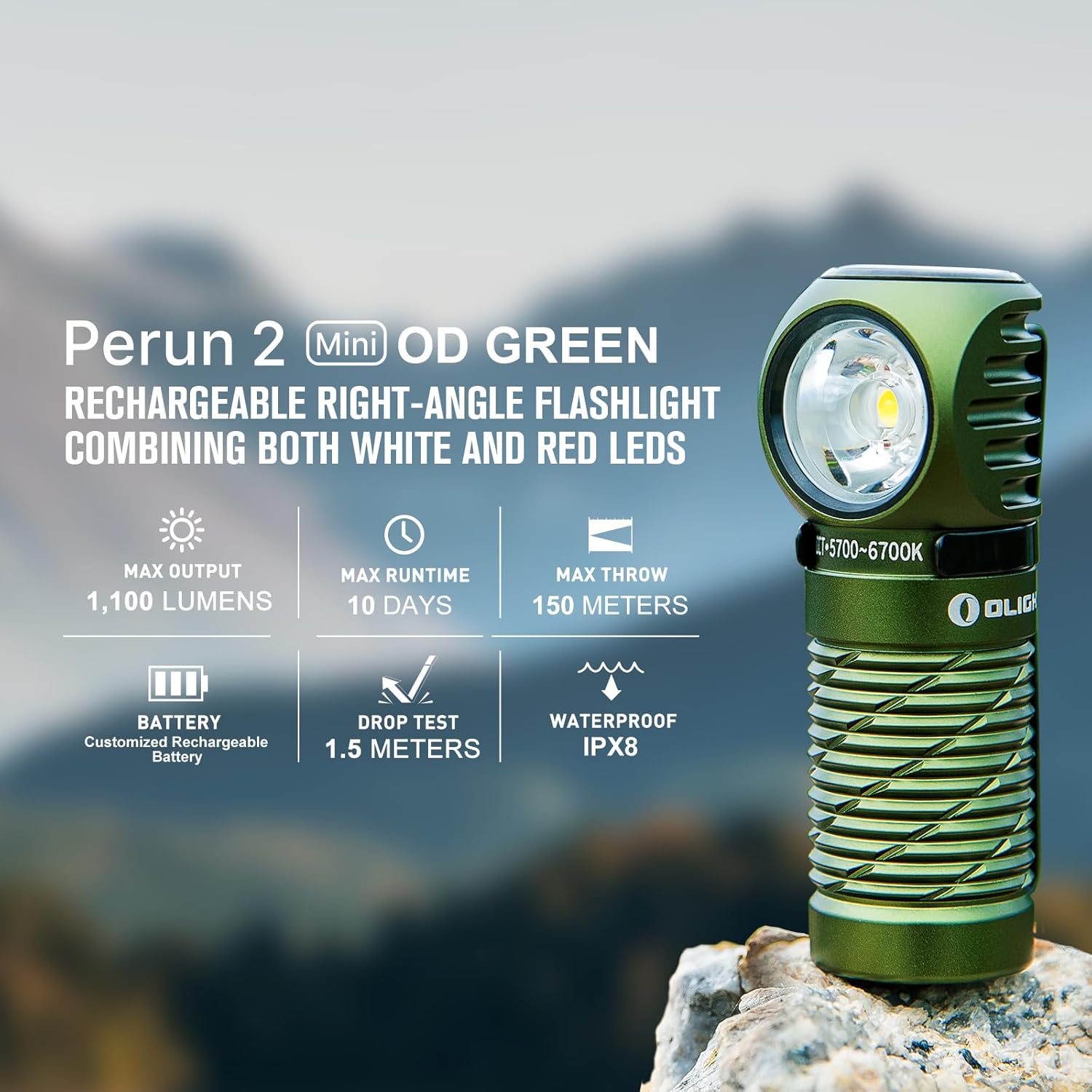 OLIGHT Perun 2 Mini Headlamp 1100 Lumens LED Head Flashlight Rechargeable Headlight Red Light Option Ideal for Working Hiking Camping Climbing OD Green Cool White Light 5700-6700K