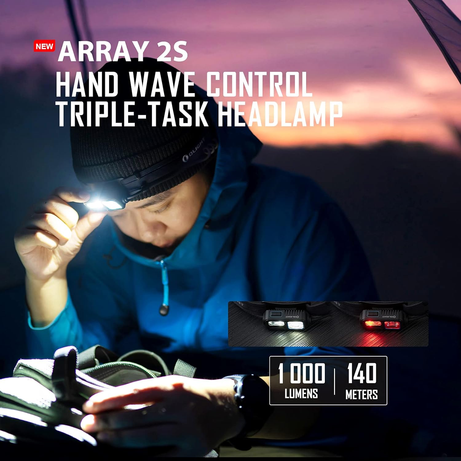OLIGHT Array 2S Headlamp 1000 Lumens Hand Wave Control 4 Modes Bright LED Headlight Red Light Rechargeable Lightweight Head Flashlights for Running Working Camping Gear