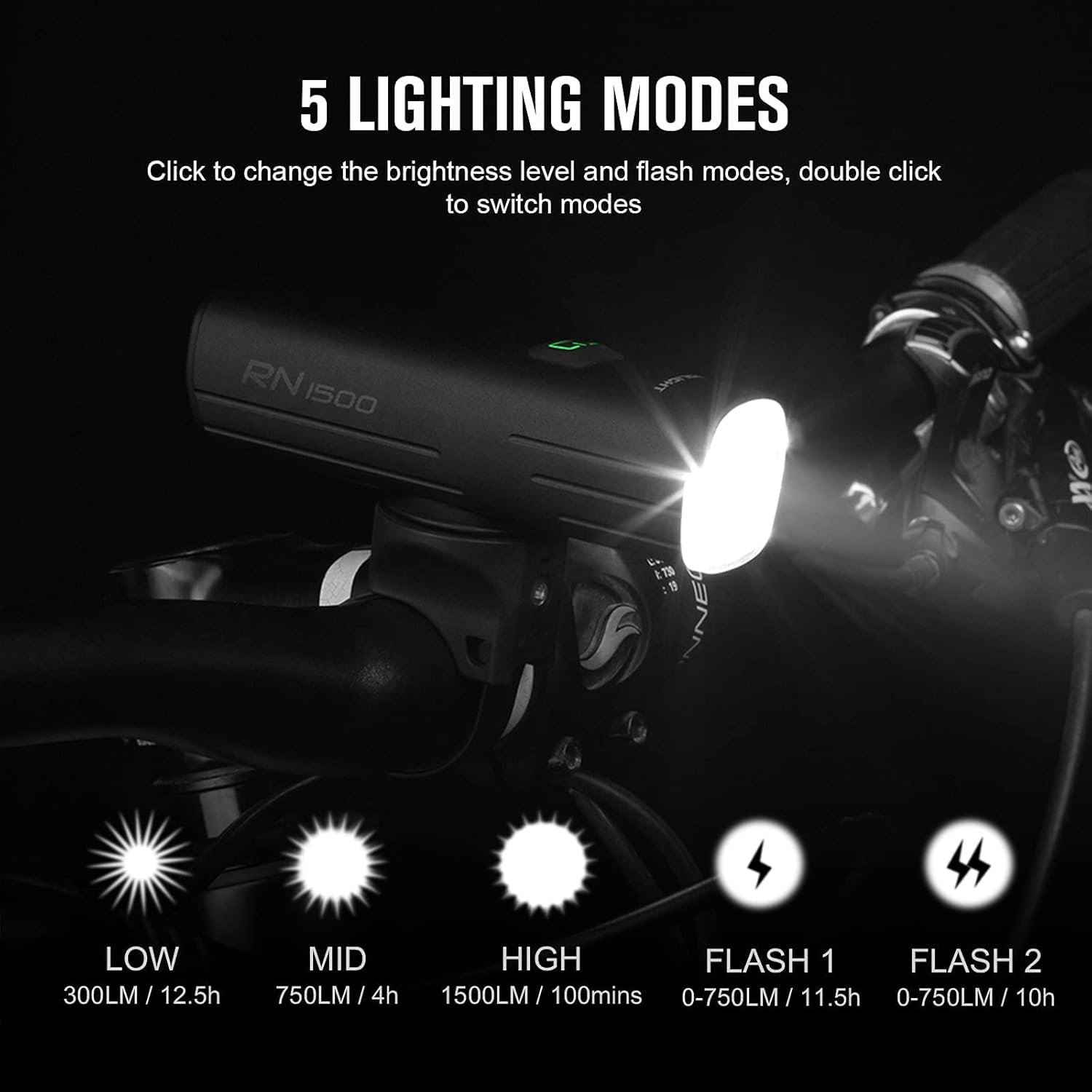 OLIGHT RN 1500 Rechargeable Bike Headlights 1500 Lumens USB Type C Reverse Charging Rechargeable Battery IPX7 Waterproof