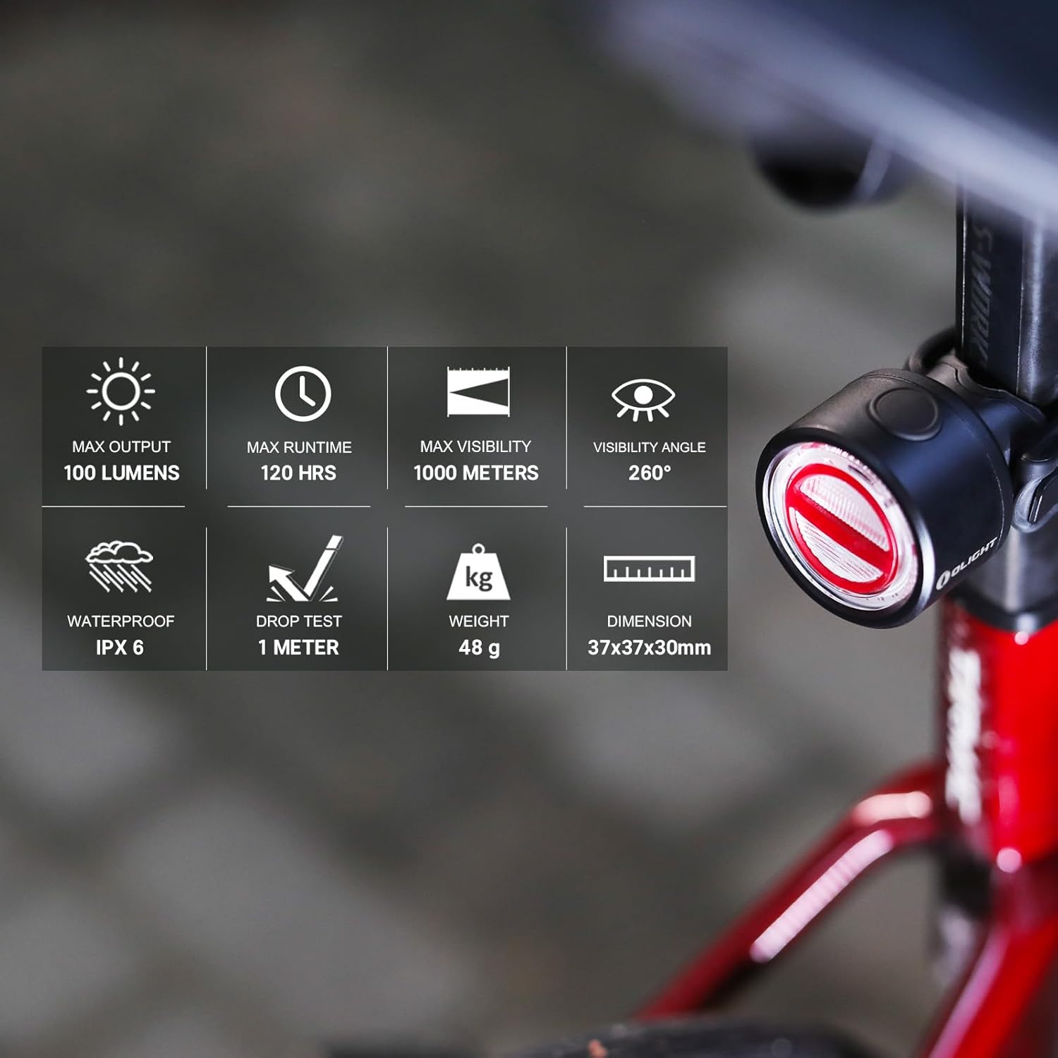 OLIGHT BS 100 Bike Tail Light 100 Lumens 260 Degree Visibility Bicyle Rear Lights 1000m Viewable Range Type-C Rechargeable Break Sensing Taillights IPX6 Waterproof for Road and Urban Cyclists.
