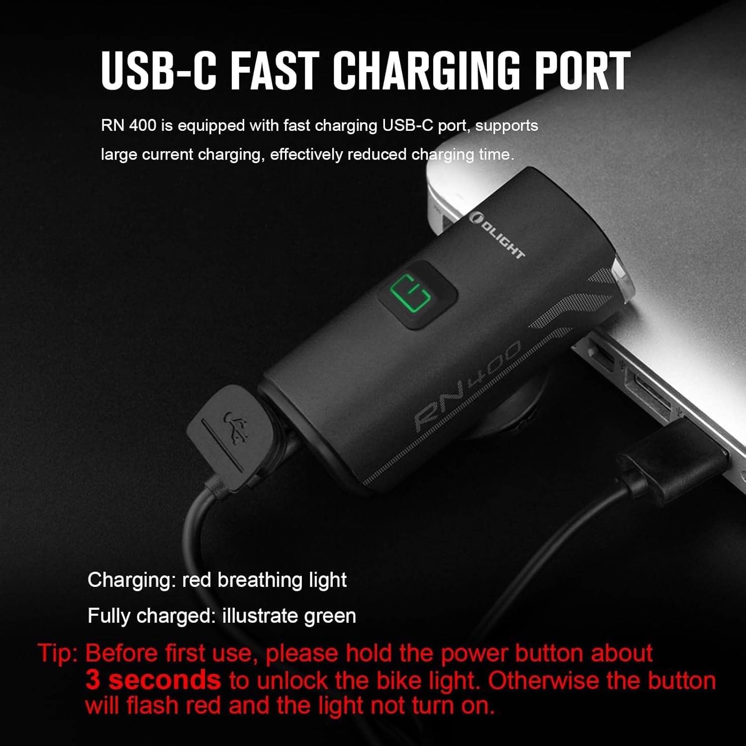 OLIGHT RN 400 LED Bike Lights 400 Lumens USB Type-C Rechargeable Front Light IPX7 Waterproof Bicycle Headlight for Road Urban Cyclists Black