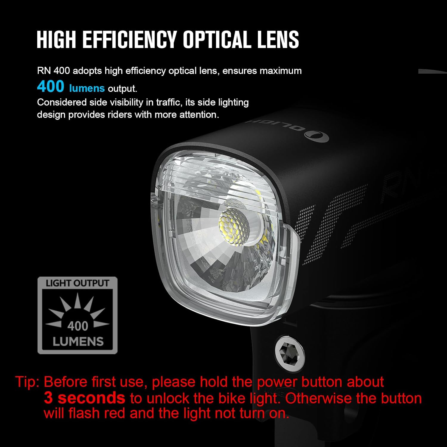 OLIGHT RN 400 LED Bike Lights 400 Lumens USB Type-C Rechargeable Front Light IPX7 Waterproof Bicycle Headlight for Road Urban Cyclists Black