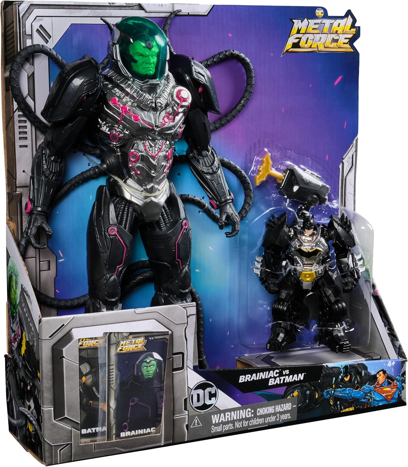 DC Comics Metal Force Brainiac vs Batman Action Figure Pack 12-Inch Extra Large Brainiac Exclusive 4-inch Batman Includes Character Card Kids Toys for Boys Girls Ages 4 Up