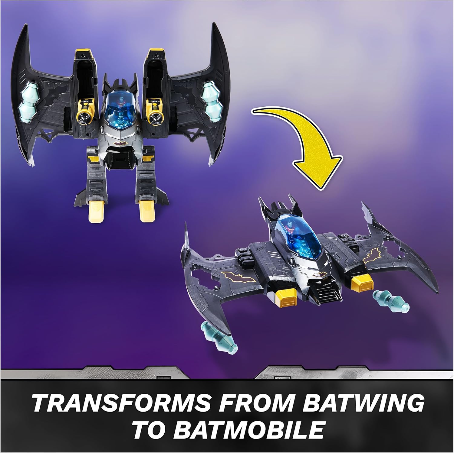 DC Comics Metal Force Transforming Batwing 2-in-1 Playset Batman Superman Figures Projectiles Character Cards Kids Toy Boys 4+