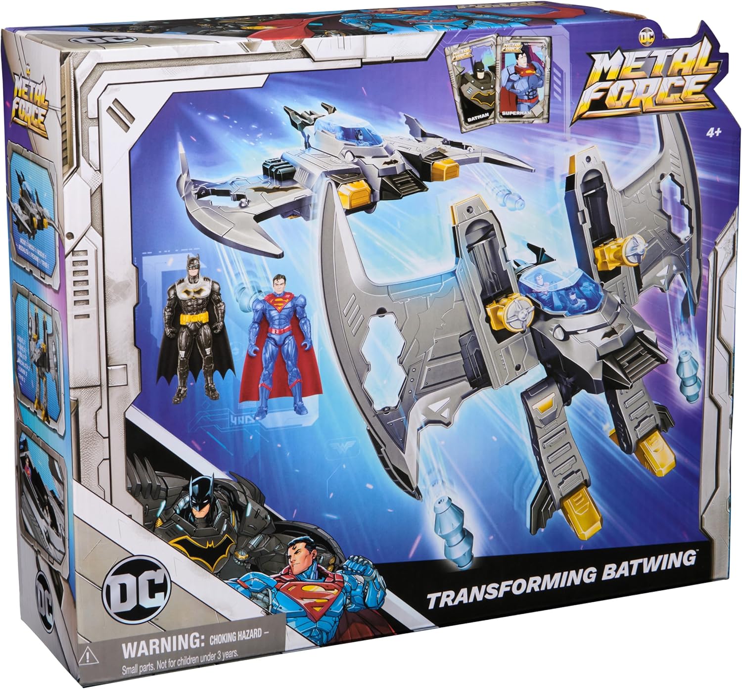 DC Comics Metal Force Transforming Batwing 2-in-1 Playset Batman Superman Figures Projectiles Character Cards Kids Toy Boys 4+