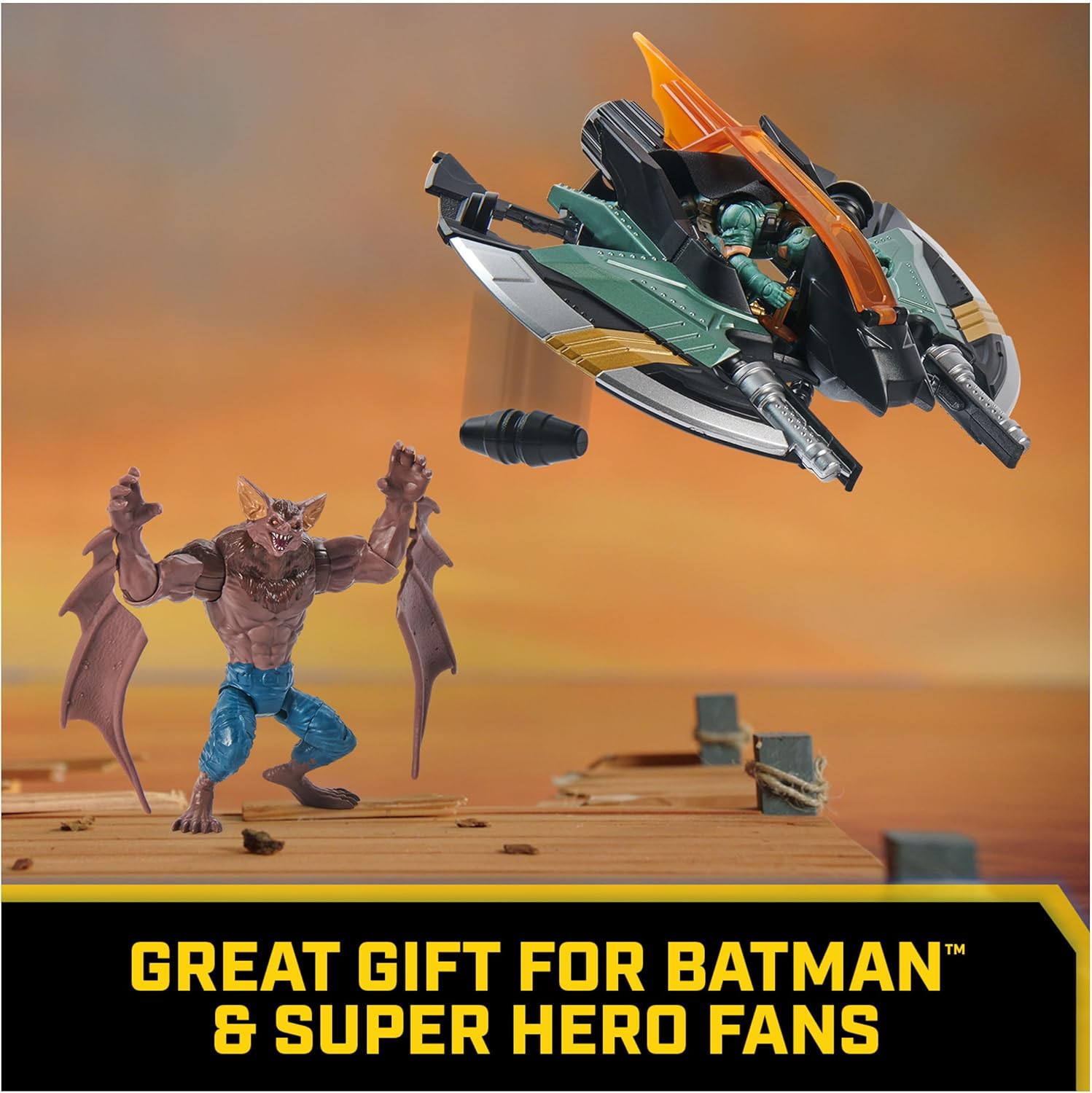 DC Comics Batman Aerial Battle Pack Amazon Exclusive Batwing Vehicle 4-inch Batman Man-Bat Action Figure Super Hero Kids Toys Boys Girls