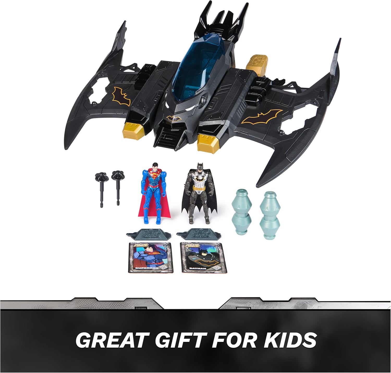 DC Comics Metal Force Transforming Batwing 2-in-1 Playset with Batman Superman Figures Projectiles Character Cards Kids Toy Boys Ages 4+