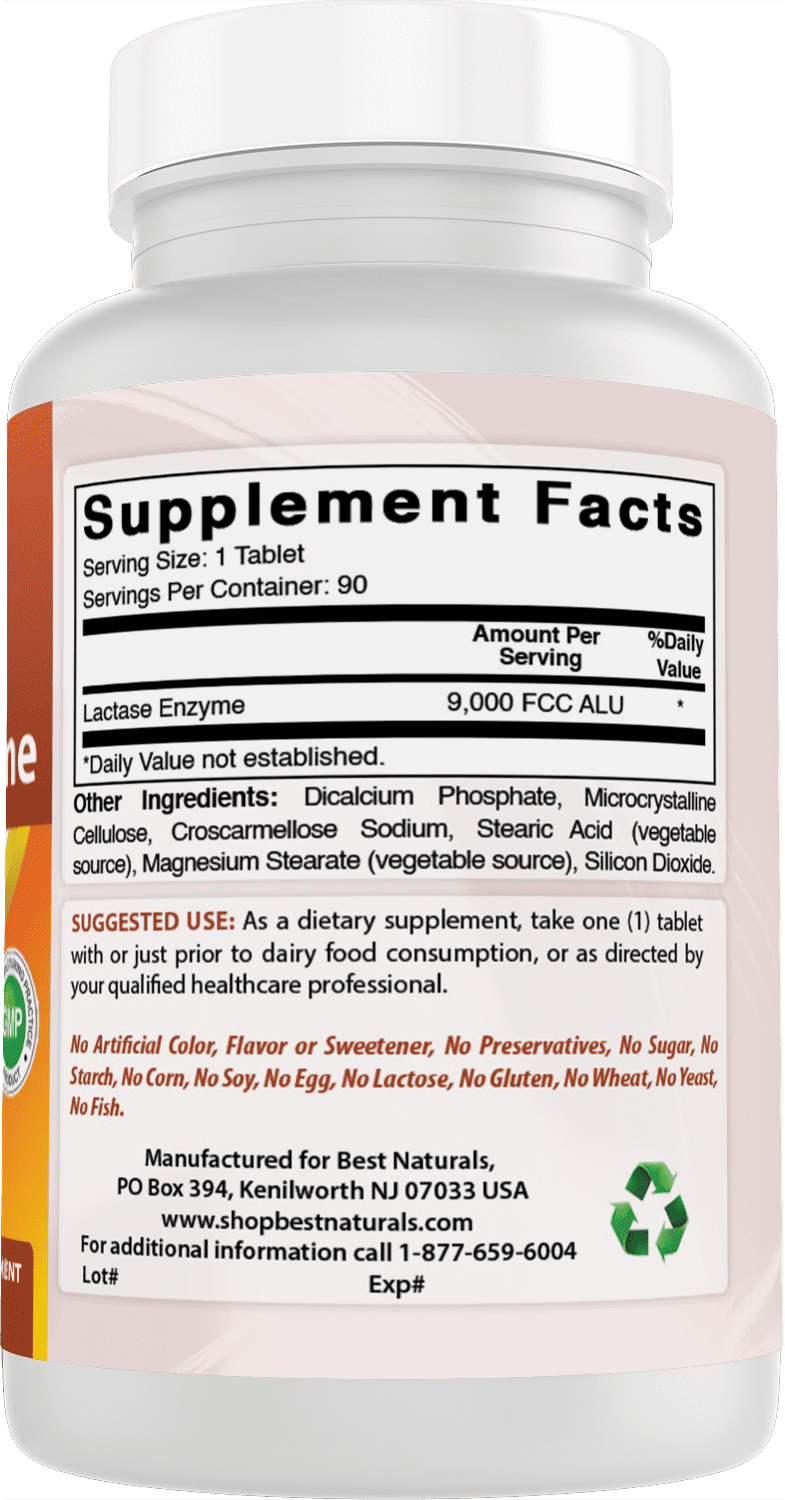Best Naturals Lactase Enzyme 9000 FCC ALU 90 Tablets for Lactose Intolerance Relief - 2 Pack
