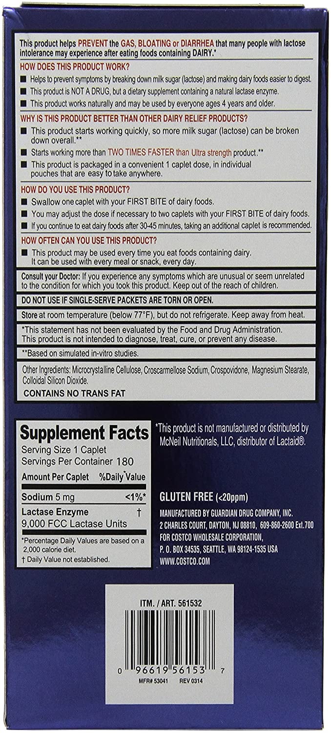 KIRKLAND SIGNATURE FAST ACTING LACTASE NATURAL DAIRY DIGESTIVE SUPPLEMENT 180 COUNT CAPLETS