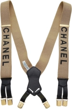CHANEL Pre-Loved Beige Elastic Logo Suspenders, Beige