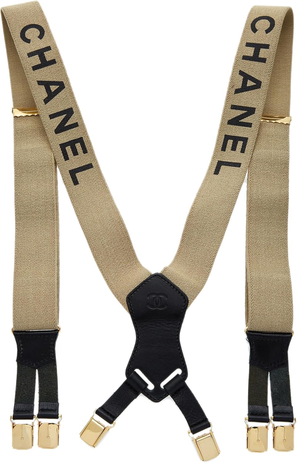 CHANEL Pre-Loved Beige Elastic Logo Suspenders, Beige