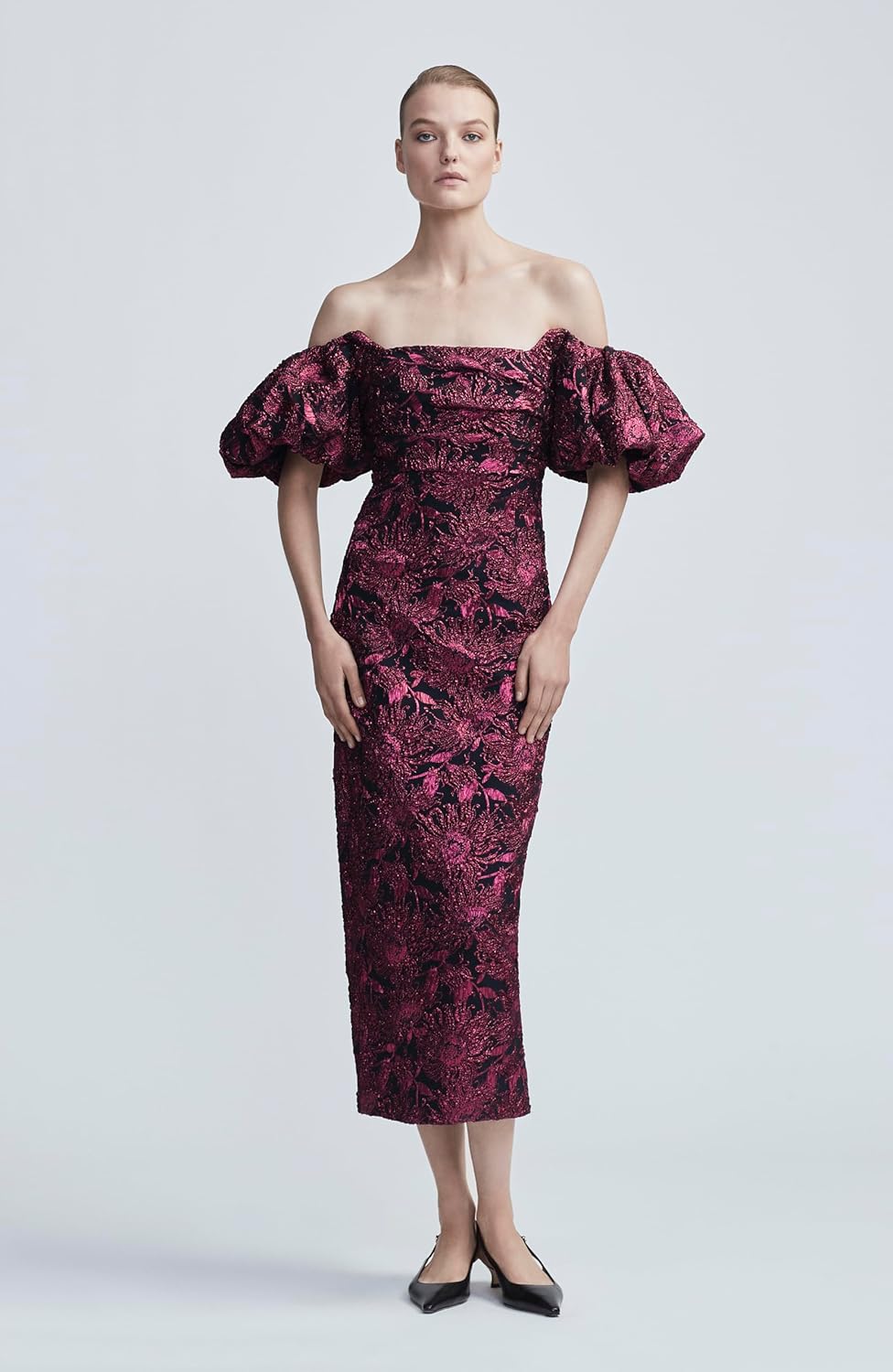 Lela Rose Sunflower Jacquard Puff Sleeve Sheath