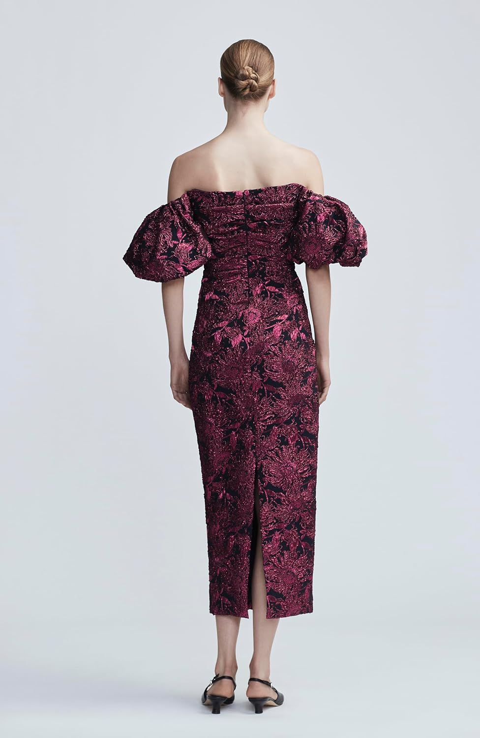 Lela Rose Sunflower Jacquard Puff Sleeve Sheath