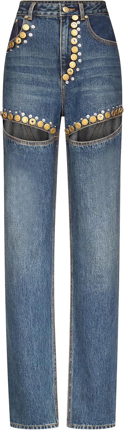 AREA Crystal Button Studded Slit Jean