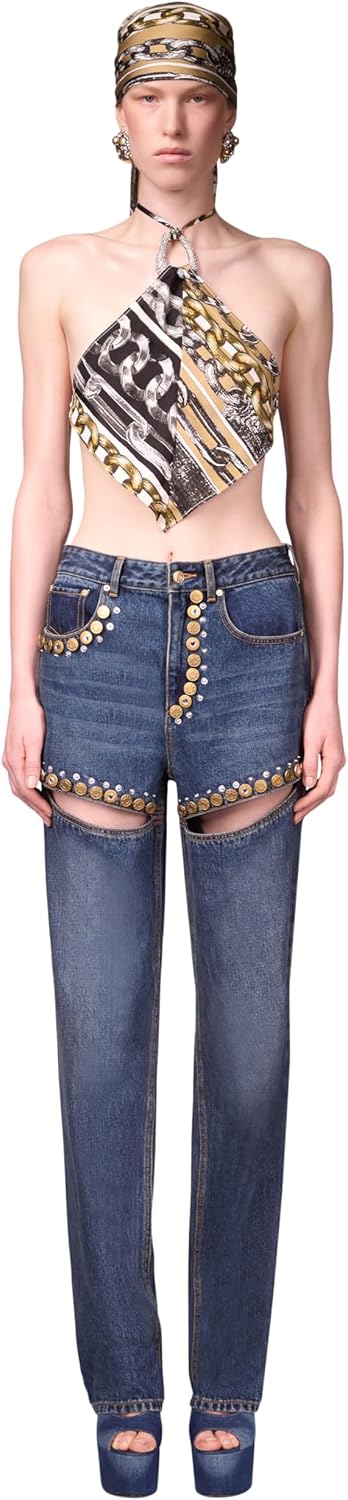 AREA Crystal Button Studded Slit Jean