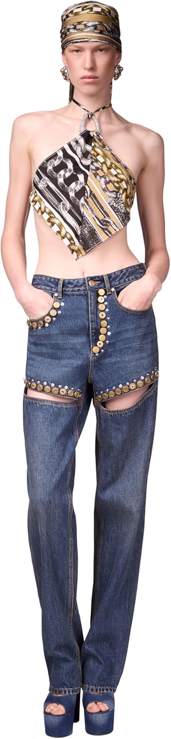 AREA Crystal Button Studded Slit Jean