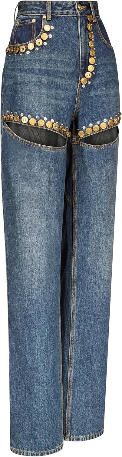 AREA Crystal Button Studded Slit Jean