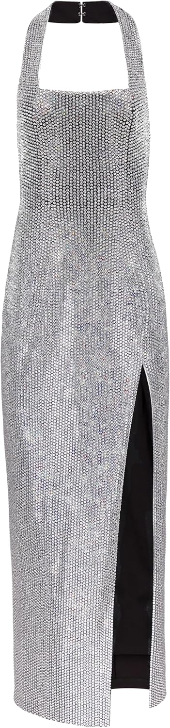 AREA Crystal Embellished Halter Slit Gown