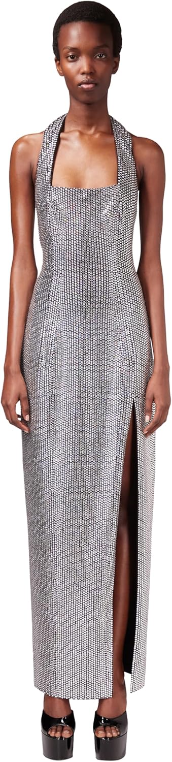 AREA Crystal Embellished Halter Slit Gown
