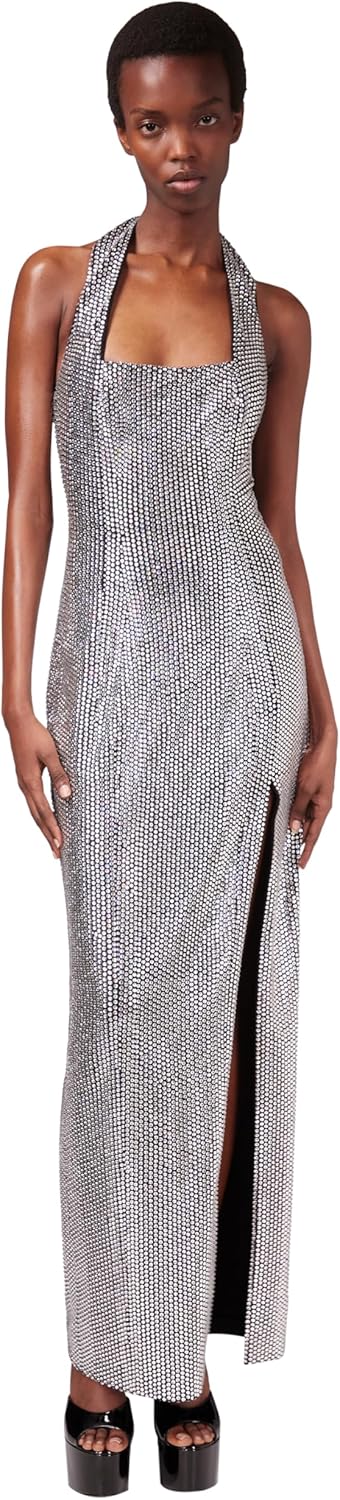 AREA Crystal Embellished Halter Slit Gown