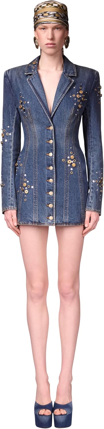 AREA Crystal Button Studded Blazer Dress