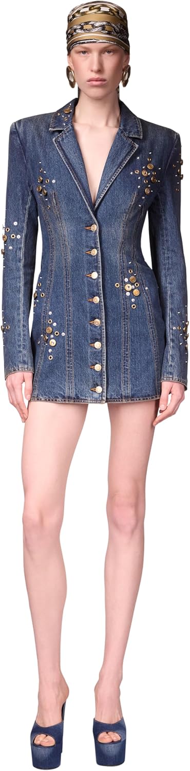 AREA Crystal Button Studded Blazer Dress