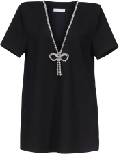 AREA Crystal Bow V-Neck T-Shirt Dress