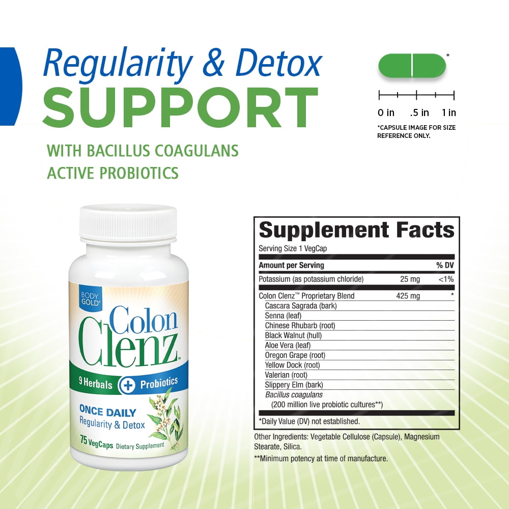 BodyGold Colon Clenz Regularity and Detox Support Formula with 9 Herbs and Probiotics 75 CT