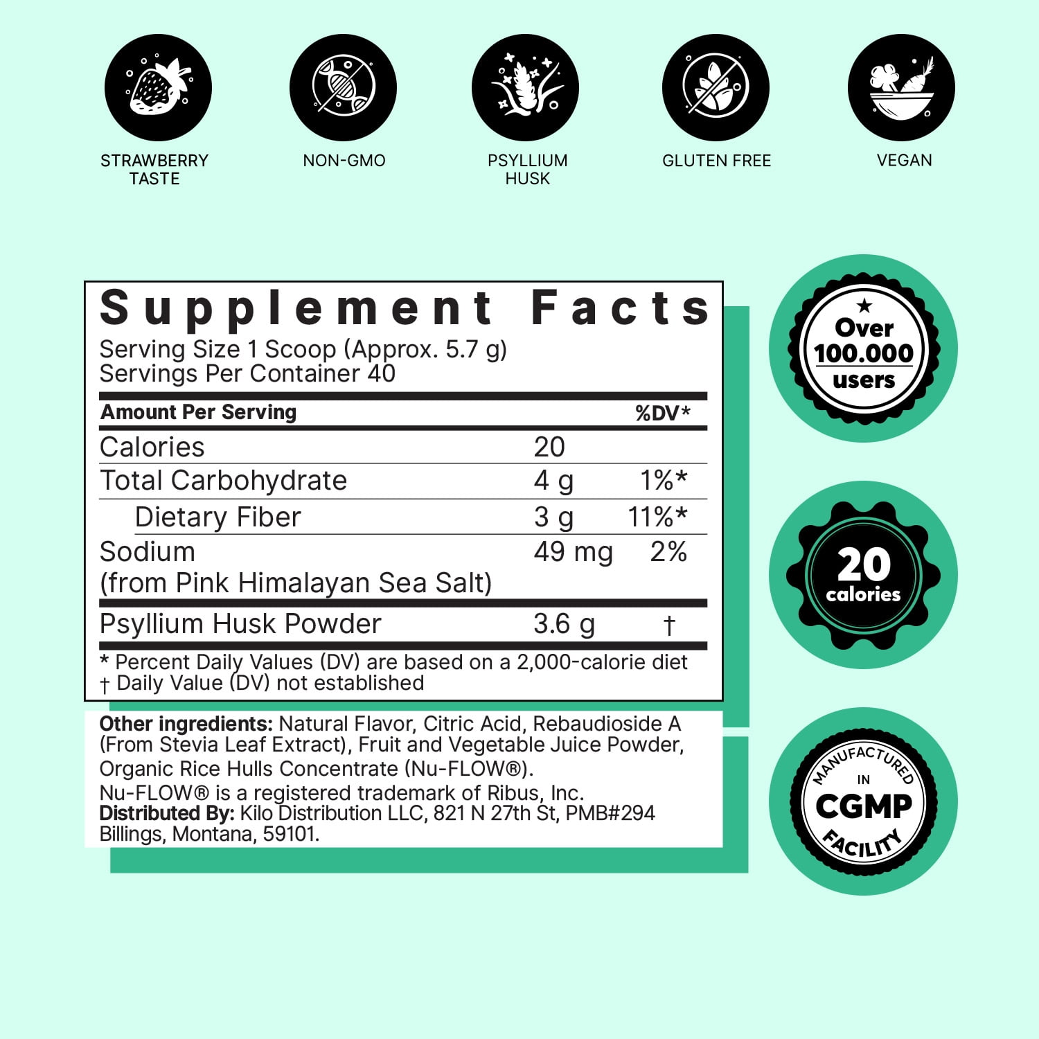ColonBroom Psyllium Husk Powder Colon Cleanser Fiber Supplement Strawberry Flavor 40 Servings for Digestive Health