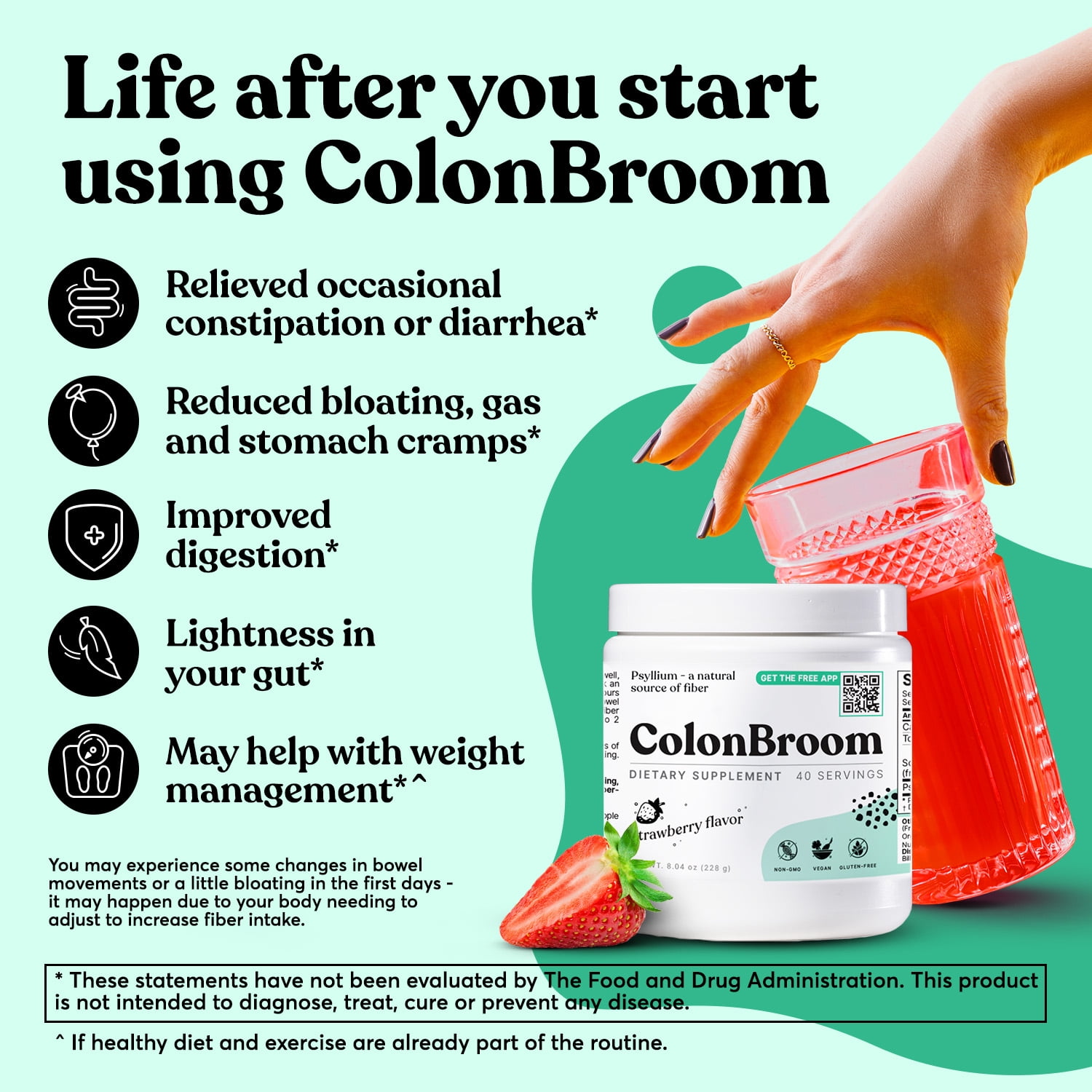 ColonBroom Psyllium Husk Powder Colon Cleanser Fiber Supplement Strawberry Flavor 40 Servings for Digestive Health
