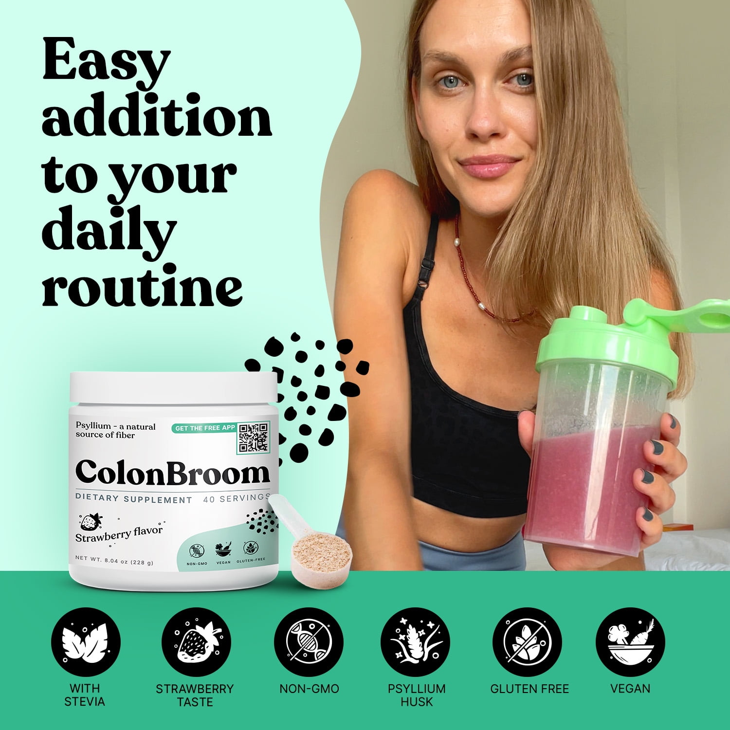 ColonBroom Psyllium Husk Powder Colon Cleanser Fiber Supplement Strawberry Flavor 40 Servings for Digestive Health