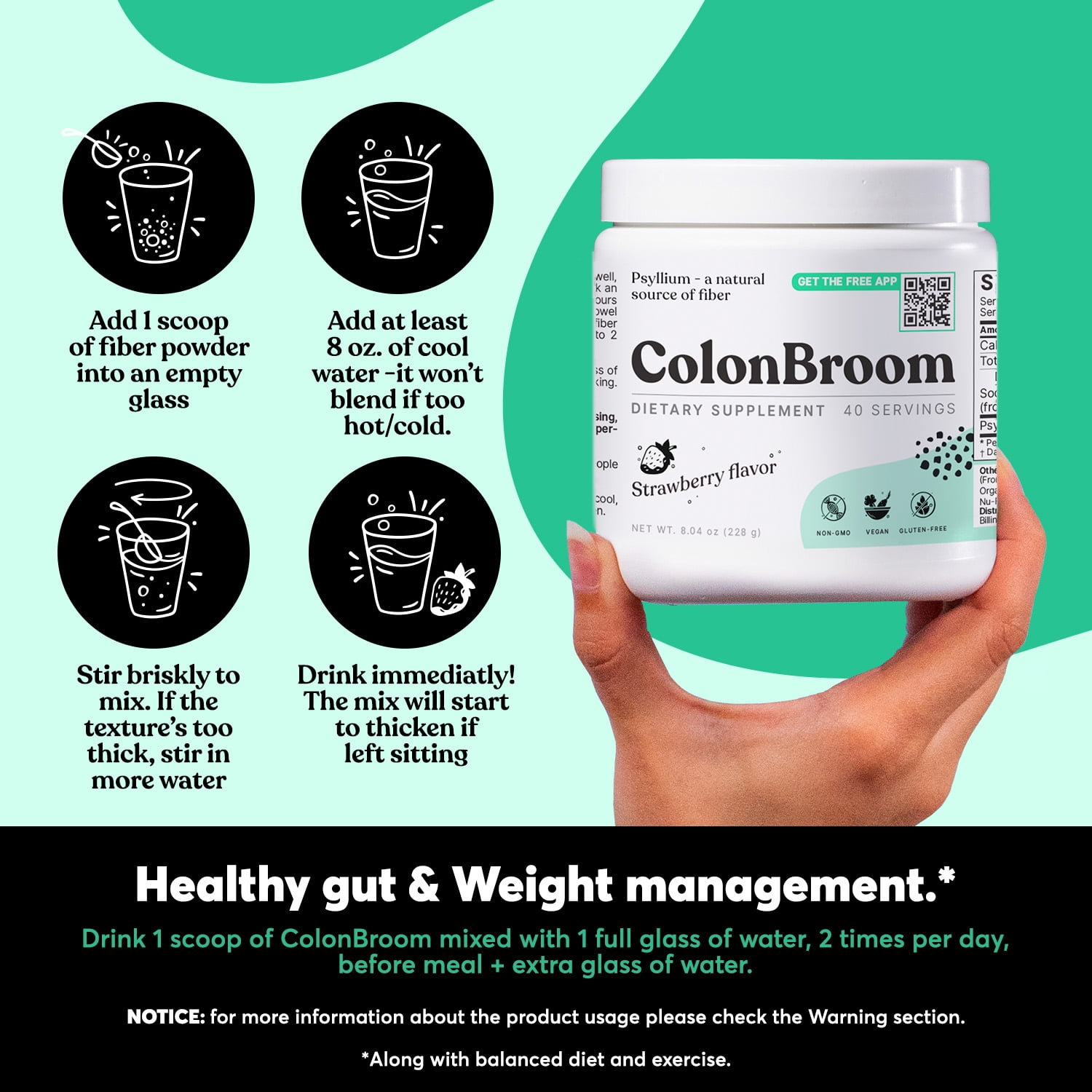 ColonBroom Psyllium Husk Powder Colon Cleanser Fiber Supplement Strawberry Flavor 40 Servings for Digestive Health
