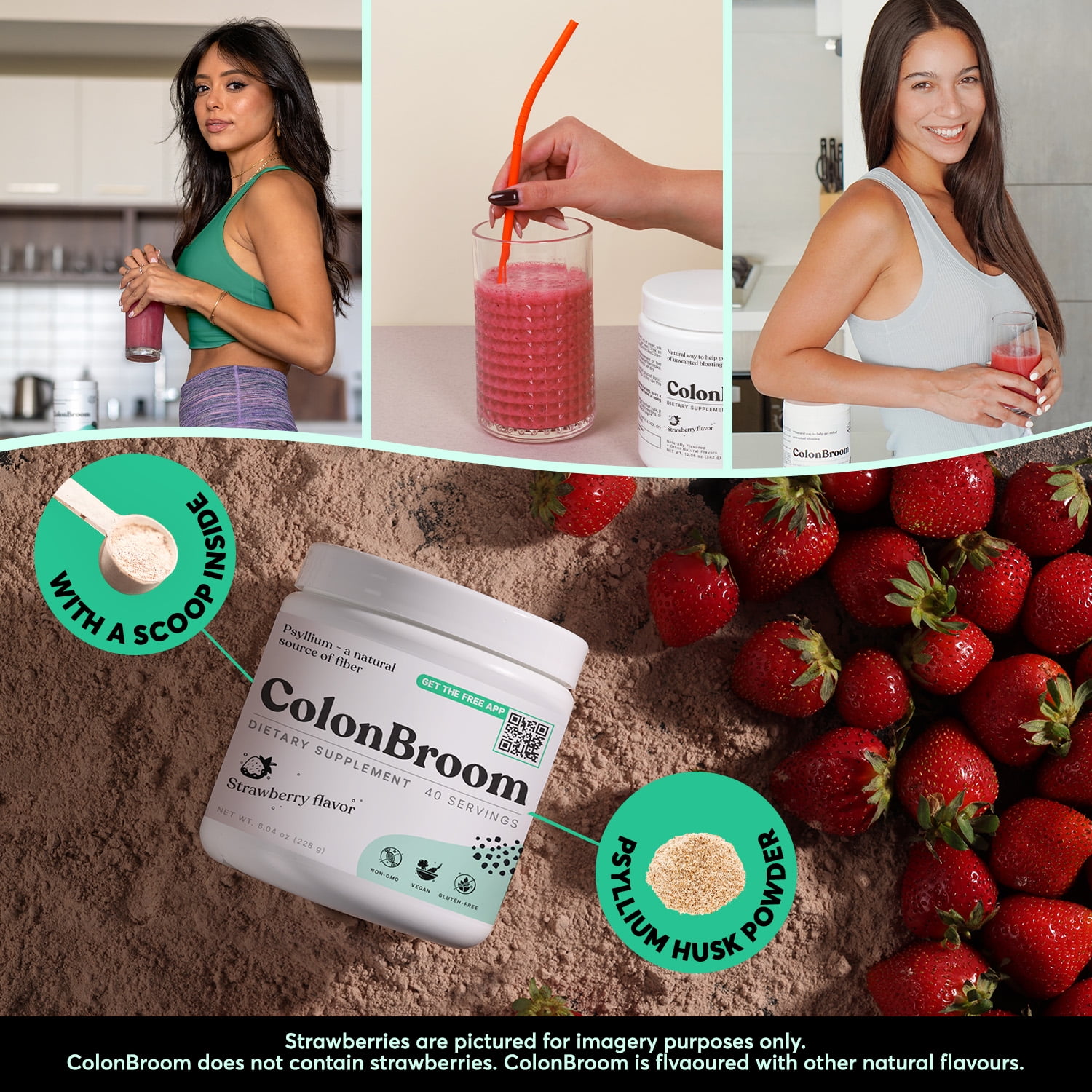 ColonBroom Psyllium Husk Powder Colon Cleanser Fiber Supplement Strawberry Flavor 40 Servings for Digestive Health