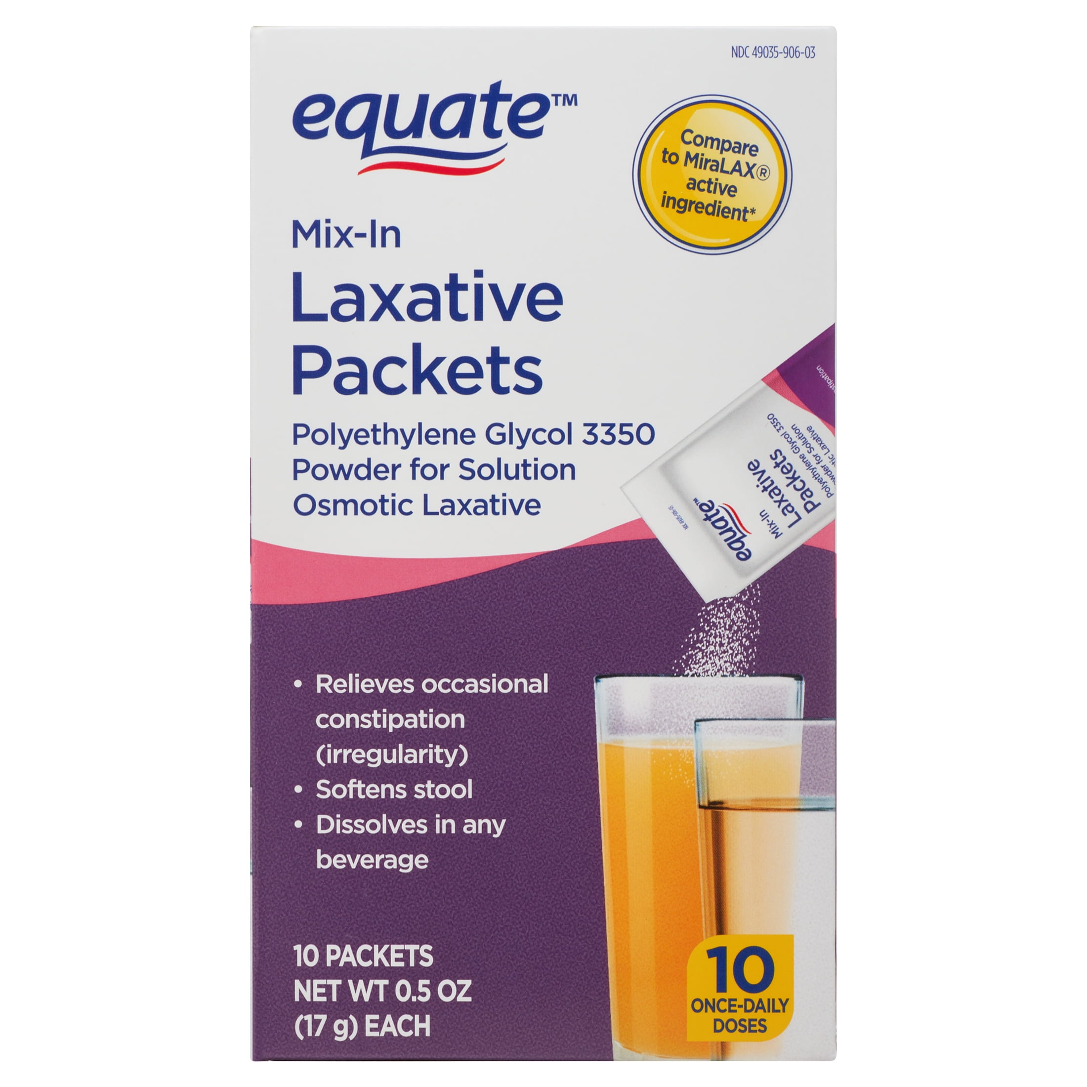 Equate Mix-in Laxative Packets for Constipation Relief Polyethylene Glycol 3350 10 Count