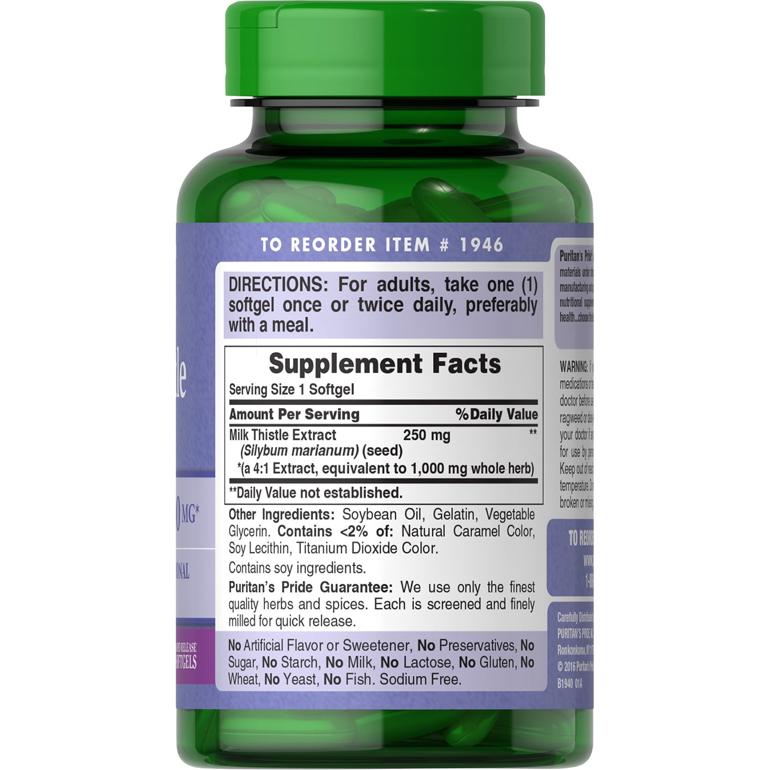 Puritan's Pride Milk Thistle 4:1 Extract 1000mg Softgels 180ct (360 Total)