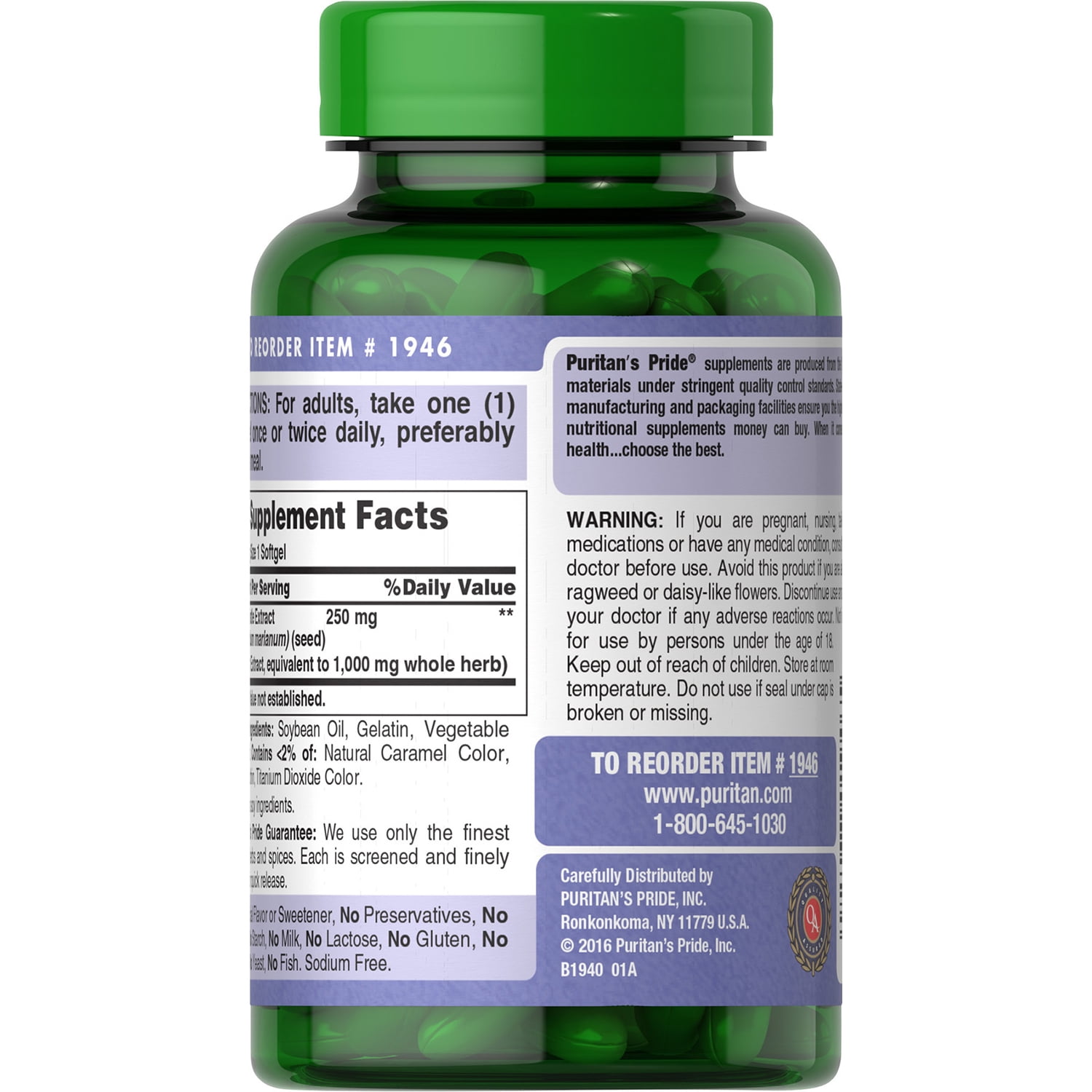 Puritan's Pride Milk Thistle 4:1 Extract 1000mg Softgels 180ct (360 Total)