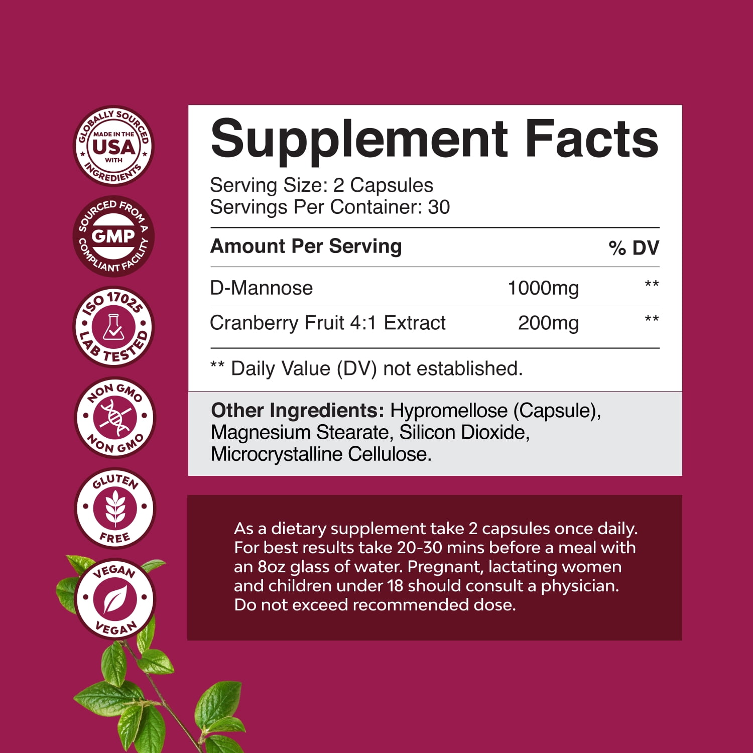 D-MANNOSE CRANBERRY EXTRACT CAPSULES 1000MG WITH HIBISCUS DANDELION KIDNEY CLEANSE URINARY TRACT HEALTH WOMEN - 1 MONTH