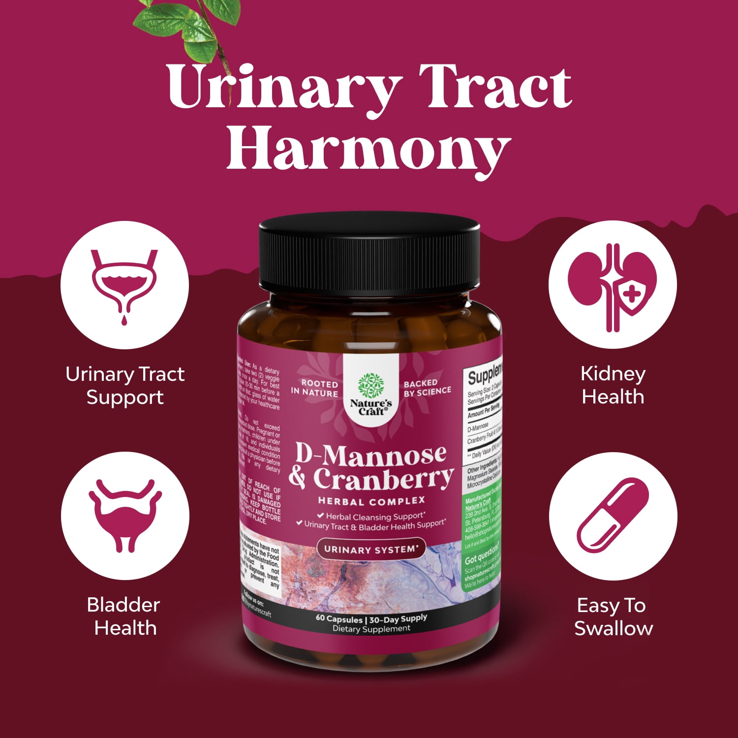 D-MANNOSE CRANBERRY EXTRACT CAPSULES 1000MG WITH HIBISCUS DANDELION KIDNEY CLEANSE URINARY TRACT HEALTH WOMEN - 1 MONTH