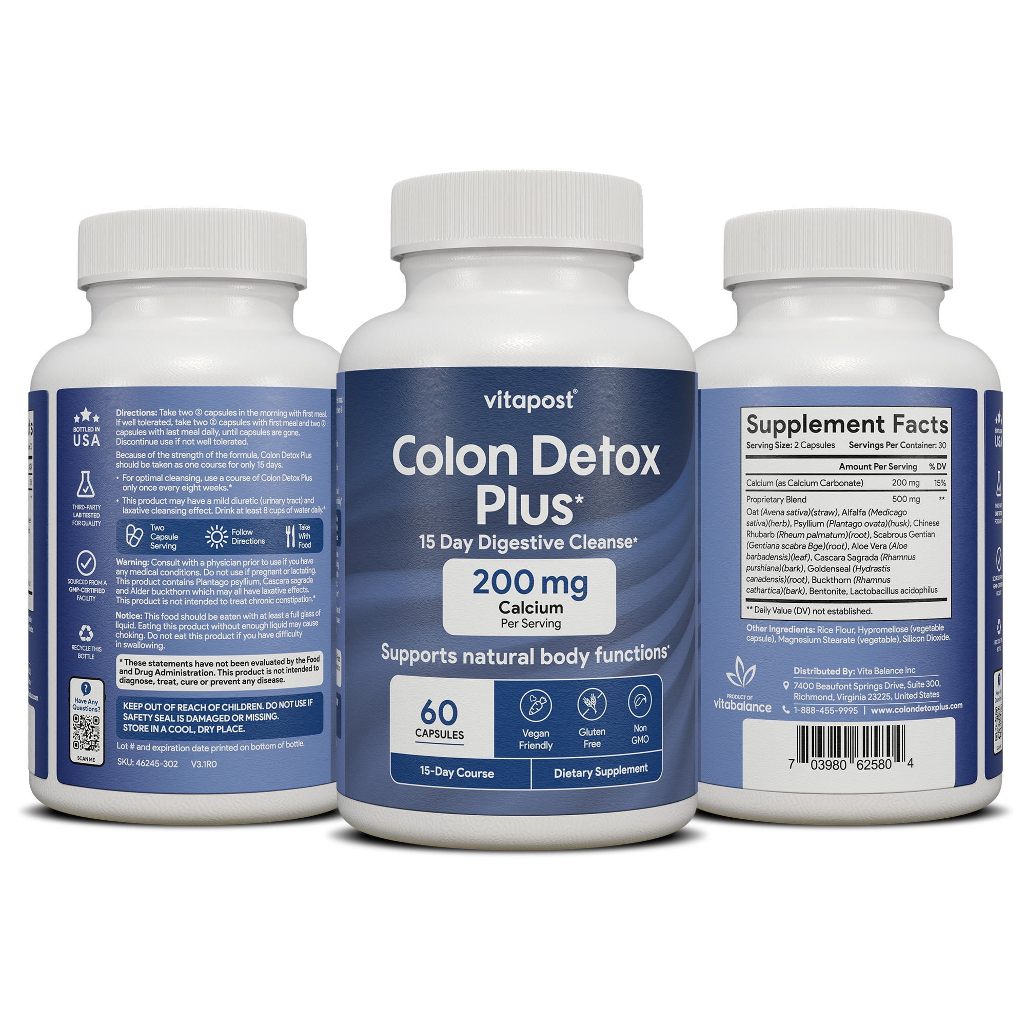 VitaPost Colon Detox Plus 15 Day Digestive Cleanse Supplement 60 Capsules