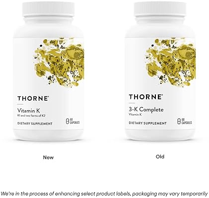 Thorne Research E Vitamin K 3-K Complete Vitamins K1 and K2 MK-4 MK-7 Supports Strong Bones 60 Capsules