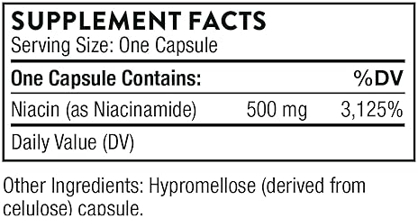 THORNE Niacinamide 500mg Niacin Non-Flushing Vitamin B3 Joint Skin Health Restful Sleep Gluten-Free 180 Capsules