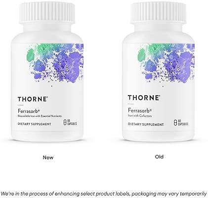THORNE Ferrasorb 36mg Iron Essential Nutrients Blood Support Formula Optimal Absorption Gluten-Free 60 Capsules