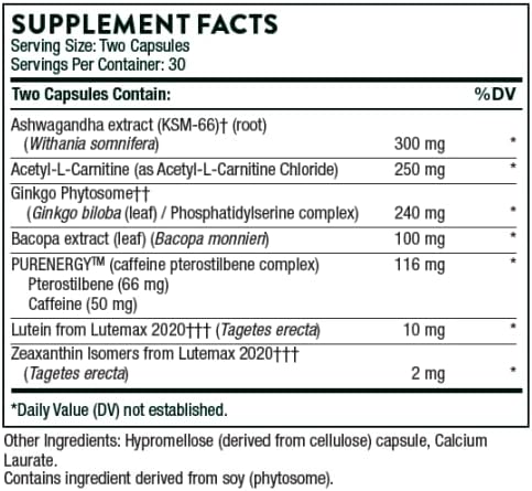 THORNE Memoractiv Nootropic Brain Supplement for Focus Creativity Concentration Ashwagandha Ginkgo Lutemax Bacopa Pterostilbene Gluten-Free Dairy-Free 60 Capsules 30 Servings