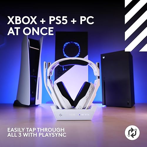 Logitech G Astro A50 X Omni-Platform Wireless Gaming Headset Base Station PS5 Xbox PC PLAYSYNC Video Audio Switcher HDMI 2.1 4K 120Hz VRR 24 bit 48 kHz 24hr Battery 2.4GHz BT White
