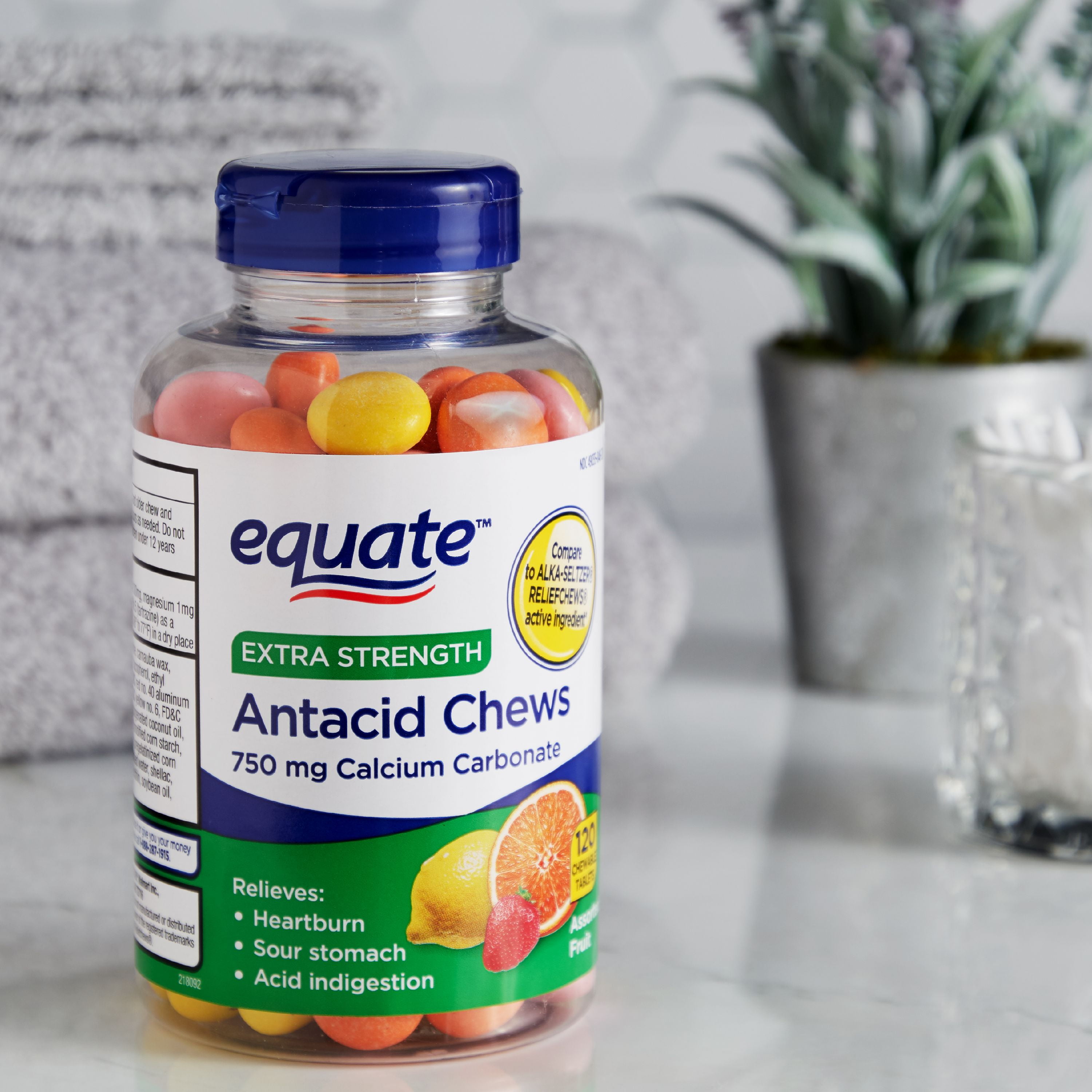 Equate 120 Count Extra Strength Chewable Calcium Carbonate Antacid Tablets for Heartburn Relief