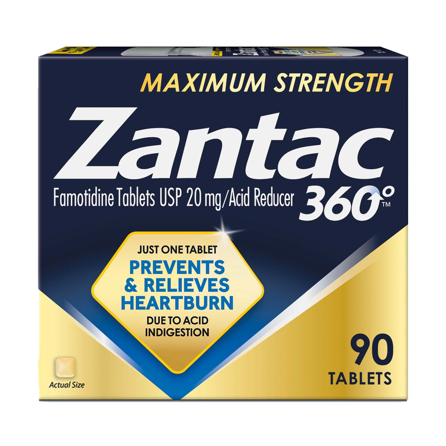 Zantac 360 Max Strength Famotidine Antacid Tablets Heartburn Acid Reducer 20 mg 90 Count