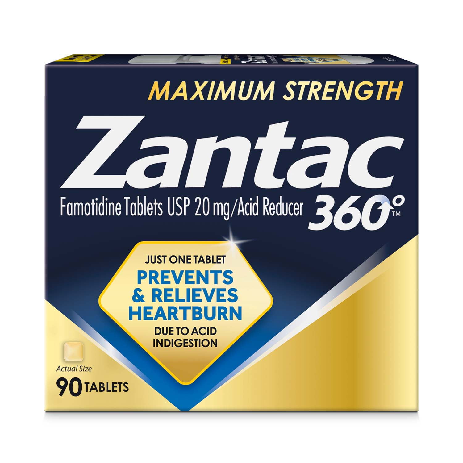 Zantac 360 Max Strength Famotidine Antacid Tablets Heartburn Acid Reducer 20 mg 90 Count